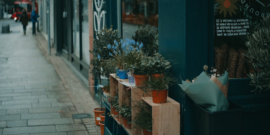 A row of potted flowering plants arranged on wooden shelves outside a florist shop, with blue, white, and orange pots holding various greenery and small blooms. The plants include lavender with tall p