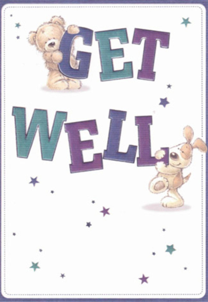 In this get well card, gentle encouragement takes on a colourful life-two delightful friends, a plush teddy bear and a wide-eyed puppy, illustrated with care in styles echoing the animated murals near Dalston Junction. Playful stars, painted in cool violets and cerulean, drift in a gentle swirl around them, as if each spark of light holds a wish from the community. The 'Get Well' typography is bold and joyful, shaded in vivid purple and fresh aqua, creating a grounded optimism against a pristine cream background. You can almost feel the tactile softness: the bear's fluffy fur, the squishy velvet of the puppy's ears, and the playful brush textures reminiscent of handcrafted artisan cards found at Dalston's local markets. Imagining this card paired with a cheerful bouquet delivered to a home overlooking London Fields, the combined gesture would surely fill the room with reassurance and care. The entire composition feels bright and inviting, a gentle balm that lifts spirits on even the cloudiest Dalston afternoon.