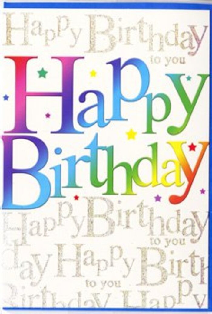 This birthday card presents itself like a small celebration you can hold in your hands, radiating the same vibrant spirit you find around Dalston's independent cafés and creative studios. Across the centre, the message Happy Birthday stretches wide in bold, blocky letters, each one painted in a smooth gradient that travels through the full spectrum of colour. The top of one letter may begin in a deep cherry red, then slide gracefully into warm apricot, lemon yellow, fresh green, and ocean blue before finishing in a regal purple, so that no two letters look entirely the same. They stand out crisply against the softer background, giving the phrase a three-dimensional feel, almost as if the words are gently rising off the surface of the card. The finish appears sleek and slightly lustrous, similar to the shine on foil wrapping paper or polished ribbon. Behind this vivid typography, the background is a calm, creamy white, densely overlaid with delicate gold handwriting repeating Happy Birthday to you in fine loops and curves. The script is small and almost pattern-like, creating a shimmering tapestry that looks especially magical wherever the light catches the metallic lines, reminiscent of evening lights reflecting in shop windows along Kingsland Road. Tiny stars, dots, and flecks in coordinating rainbow shades are scattered sparingly around the main words, adding a feeling of movement and gentle excitement, like confetti still drifting down after a toast. The overall mood is joyous yet elegant-a perfect match for a thoughtfully chosen bunch of flowers delivered to a birthday celebration in a Dalston townhouse or a rooftop gathering overlooking the city skyline.