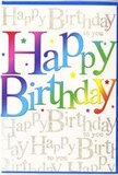 The birthday card in this image feels like a burst of pure party spirit, echoing the colourful energy of Dalston's streets on a Friday night. Front and centre, the words Happy Birthday are written in large, friendly letters that flow through a luminous rainbow gradient, shifting seamlessly from bold red to warm orange, golden yellow, bright green, cool blue, and velvety violet. Each letter is richly saturated and softly glossy, giving the impression of smooth, high-quality print work with a hint of shine-much like the sheen on carefully wrapped gift paper. Behind these joyful words, the entire background is bathed in a soft, off-white tone, then layered with repeated lines of delicate gold script that softly read Happy Birthday to you. The script curls and loops in an elegant hand, forming a glimmering pattern that shimmers gently when the card catches the light, not unlike afternoon sun glancing off the windows of the Overground as it rolls through Dalston Junction. Scattered among the main letters are tiny star shapes and dots in coordinating colours-little splashes of confetti that enhance the sense of movement and fun without overwhelming the design. The card's overall aesthetic balances exuberant colour with refined detailing, making it suitable for adults and younger recipients alike. It's the kind of greeting I'd recommend to pair with a bright mixed bouquet-perhaps something hand-tied and ready for same-day delivery across Dalston, Stoke Newington, and the surrounding neighbourhoods-to turn a simple birthday into a truly memorable occasion.